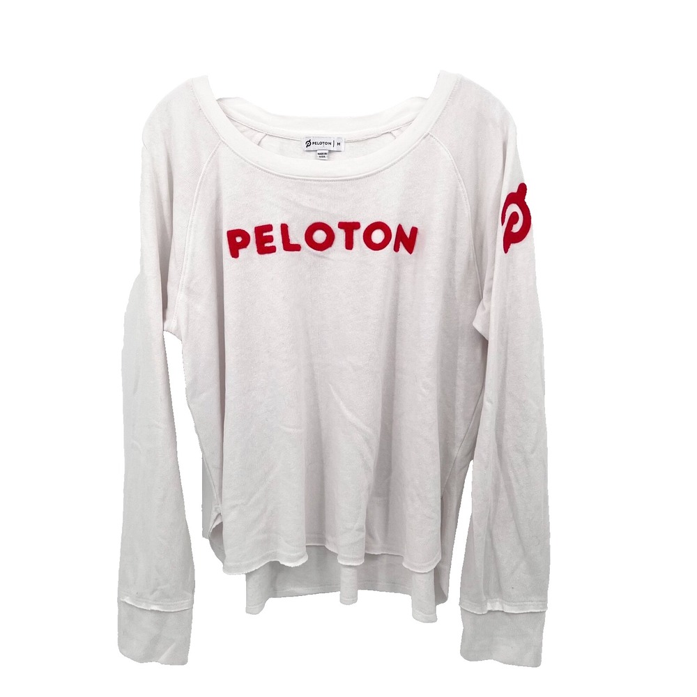 PELOTON Women's Sz M White Long-Sleeve Crewneck Pullover Fuzzy Red Logo Sweater